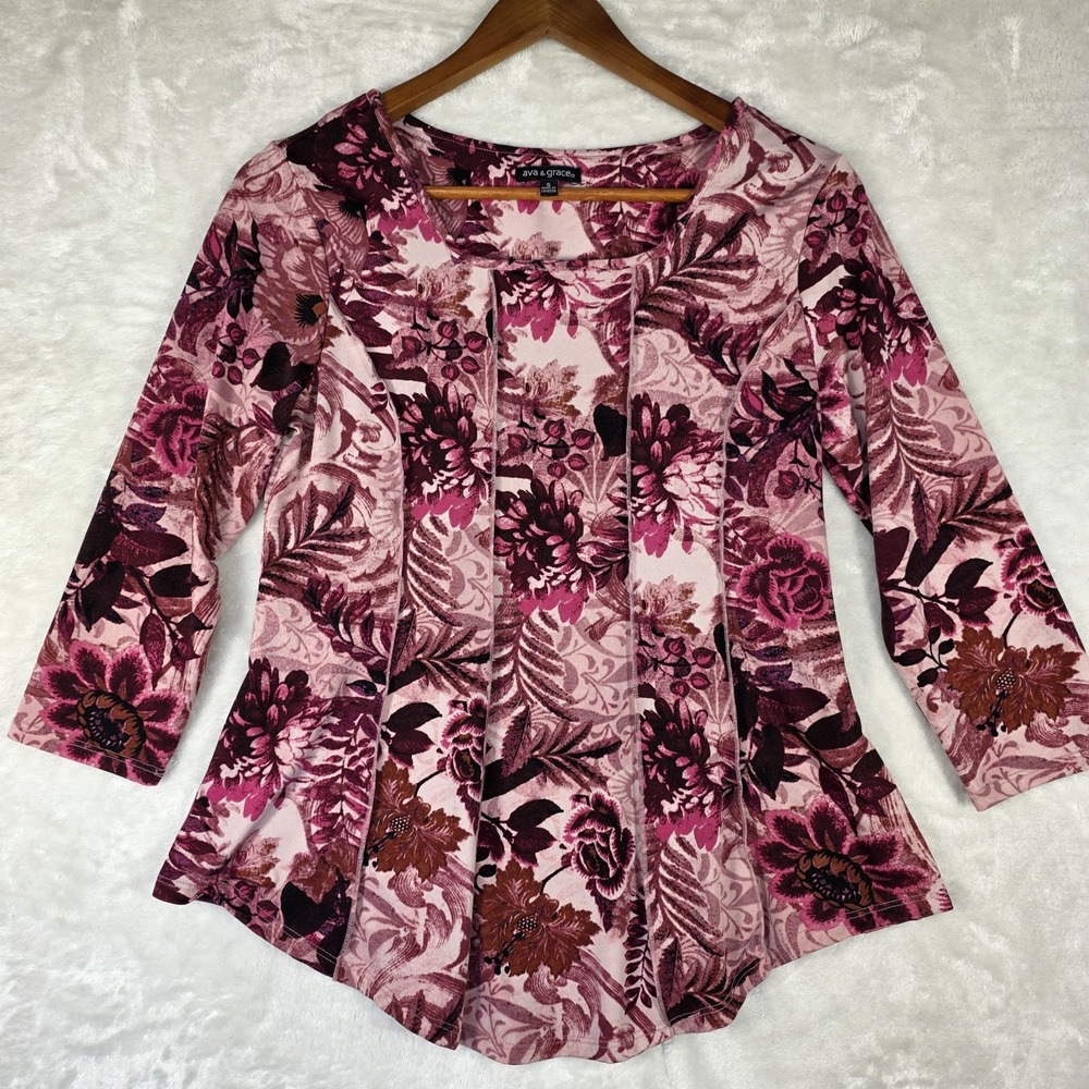 Ava & Grace Woman Top Small Pink Burgundy Floral Pintuck 3/4 Sleeve Blouse‎